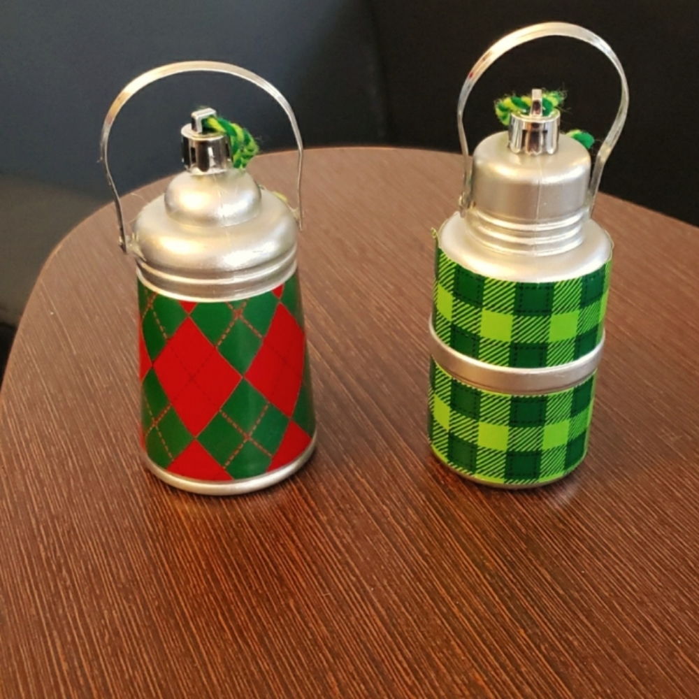 New!! Wondershop Canteen Ornament Set of 2 in Green Plaid & Red/Green Argyle